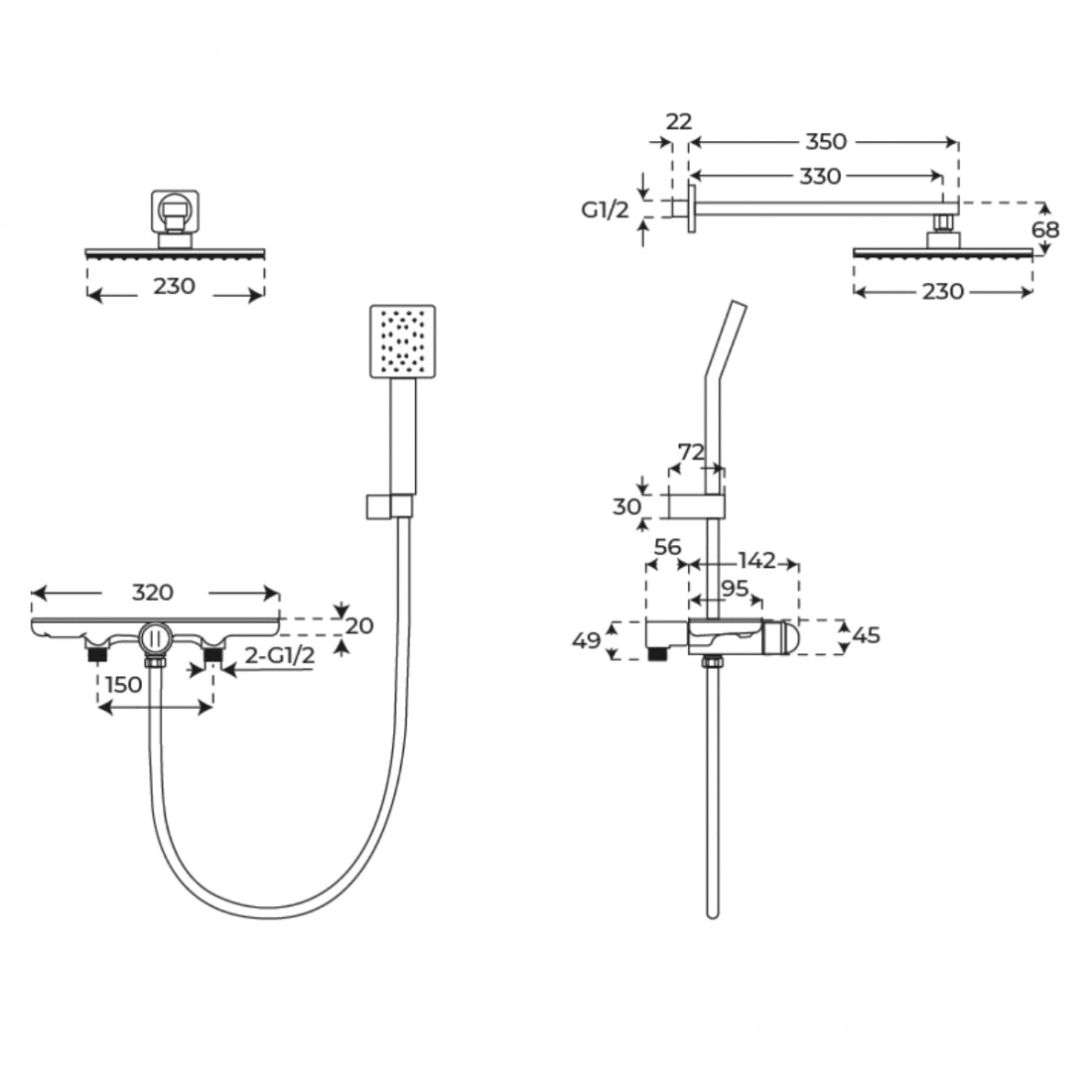 Columna de ducha empotrada negra con balda Bequia