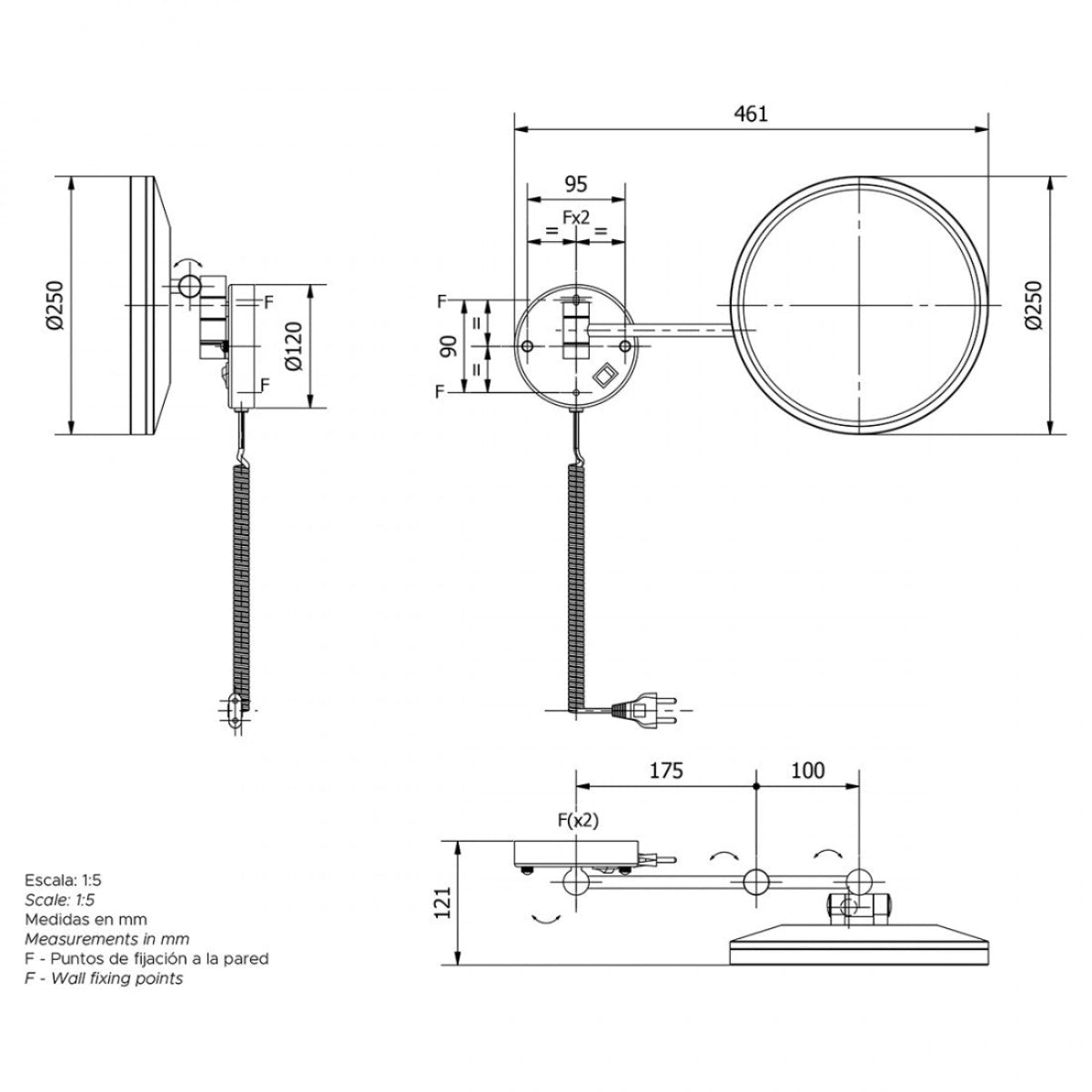 Espejo redondo tres aumentos con luz