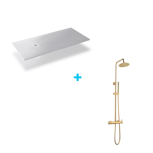 Pack base de duche em resina branca + coluna de duche Grace dourada