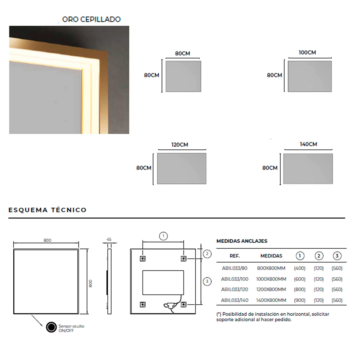 Espelho com luz LED integrada Ability dourado escovado