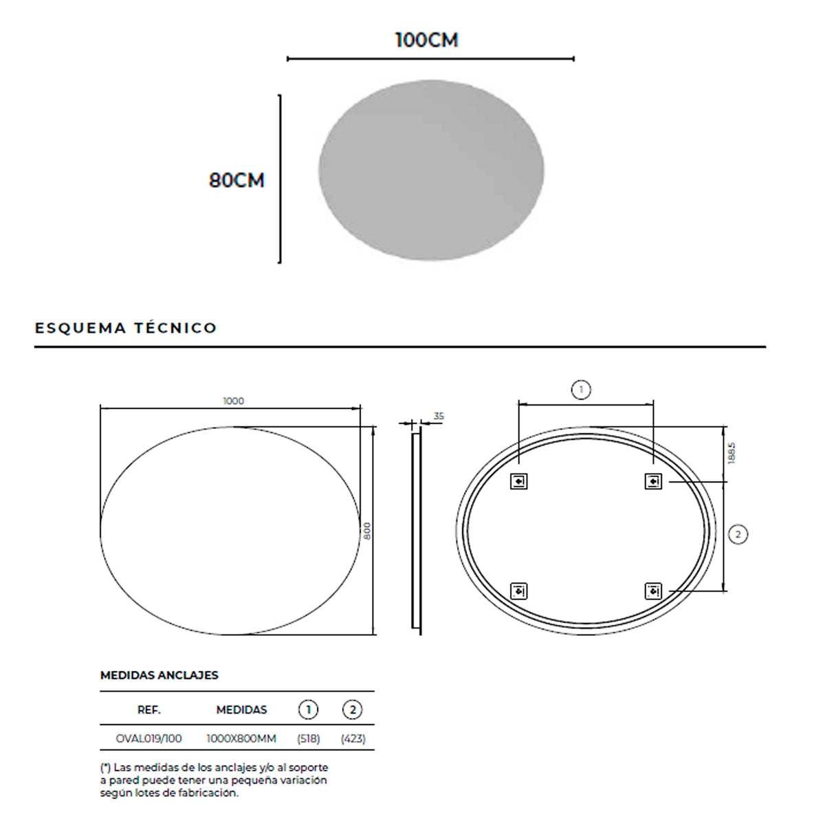 Espejo ovalado com luz led Oval