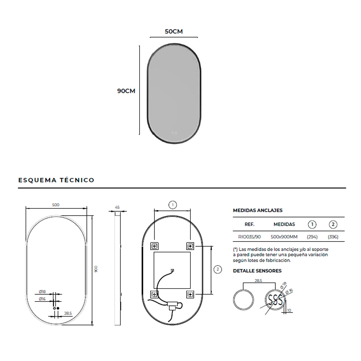 Espelho com luz LED integrada Rio