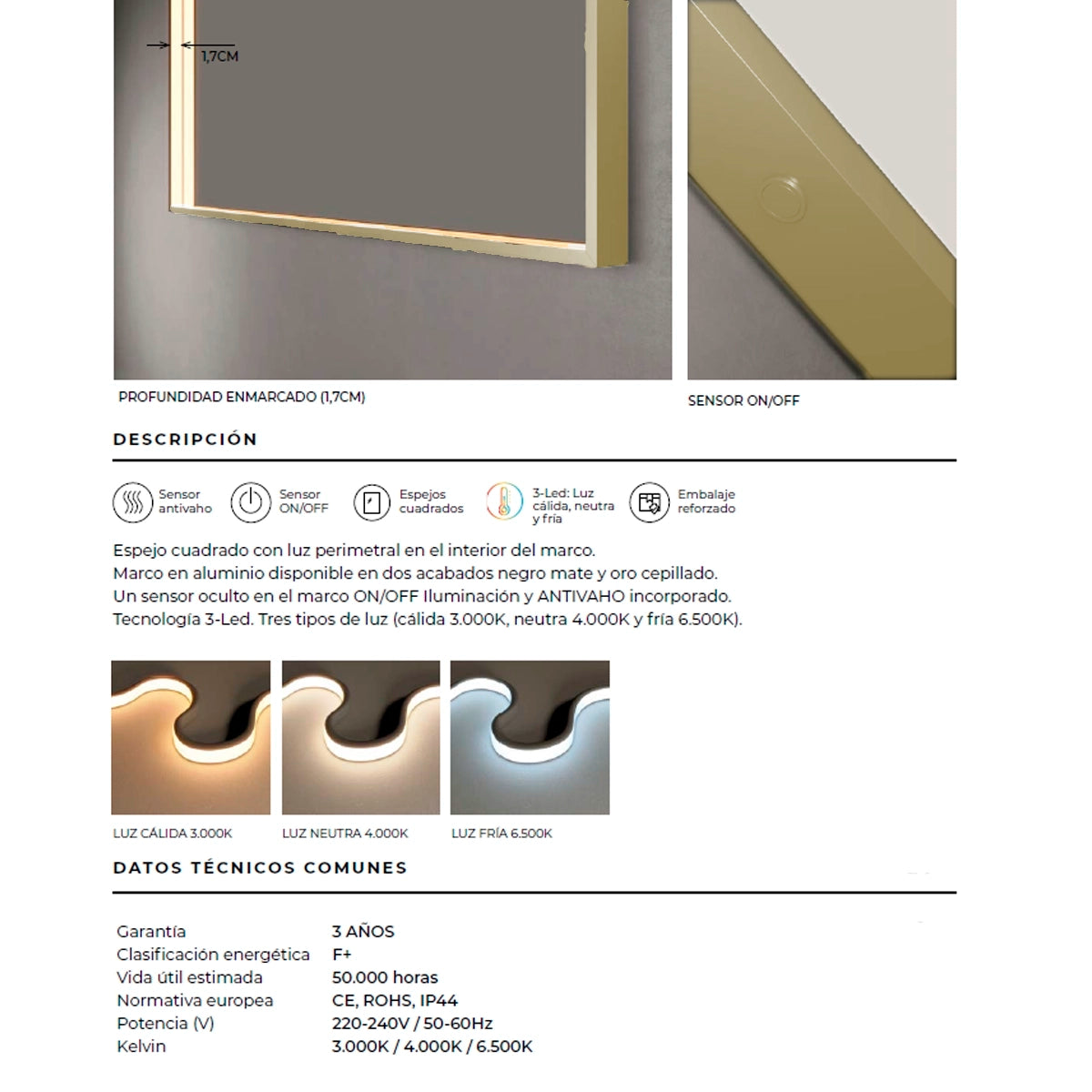 Espelho com luz LED integrada Ability dourado escovado