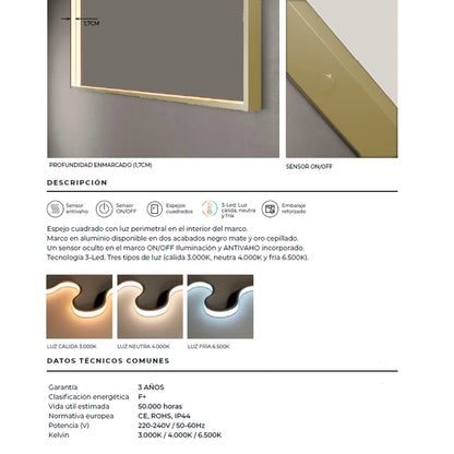 Espelho com luz LED integrada Ability dourado escovado