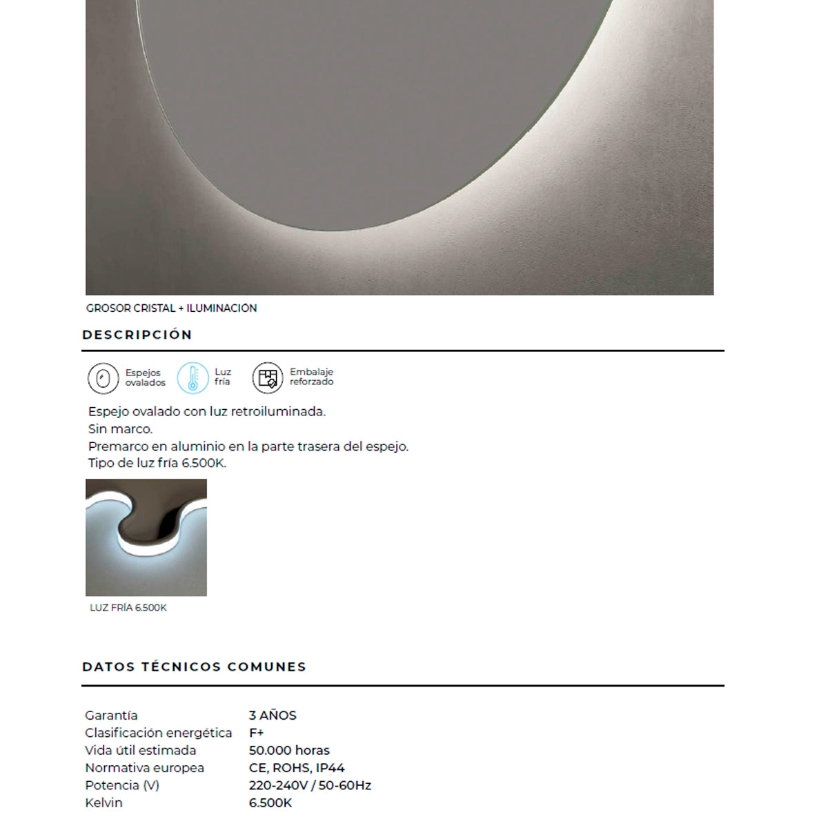 Espejo ovalado com luz led Oval