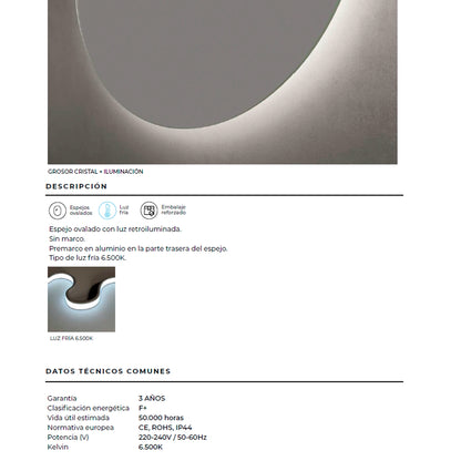 Espejo ovalado com luz led Oval