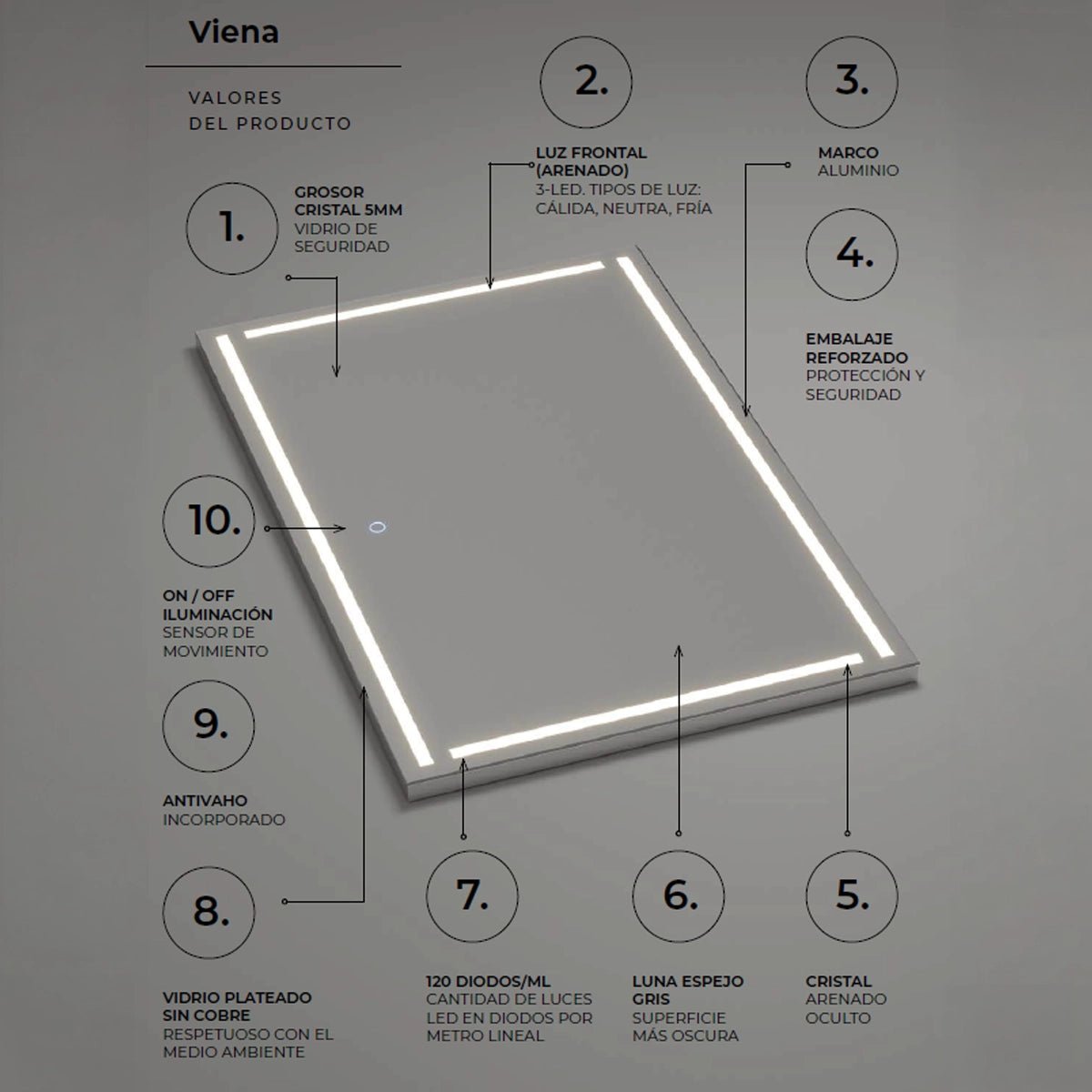 Espejo con luz frontal Viena - The Bath