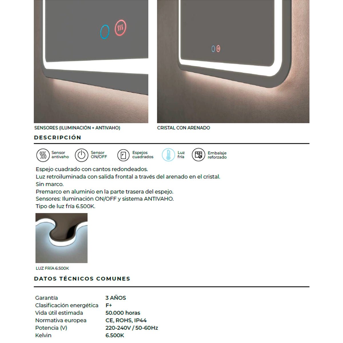 Espejo con sensor y luz led Grecia - Thebath