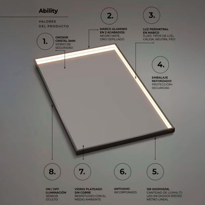 Espejo luz led integrada Ability negro - Thebath