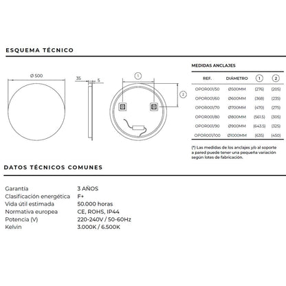 Espejo redondo con luz led Oporto - Thebath