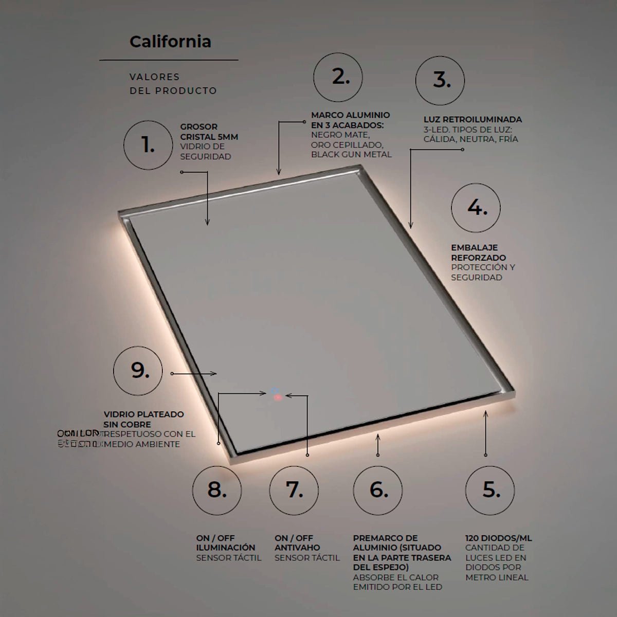 Espejo retroiluminado California black gun metal - Thebath