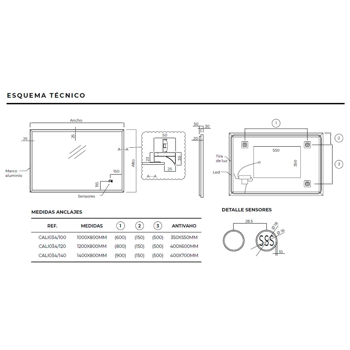 Espejo retroiluminado California black gun metal - Thebath