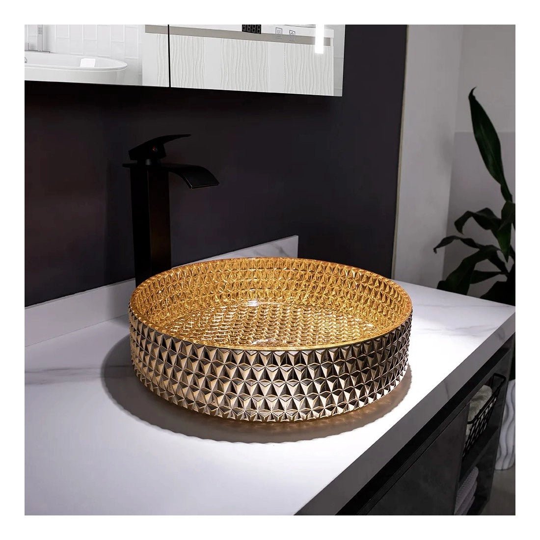 Lavabo sobre encimera cristal dorado