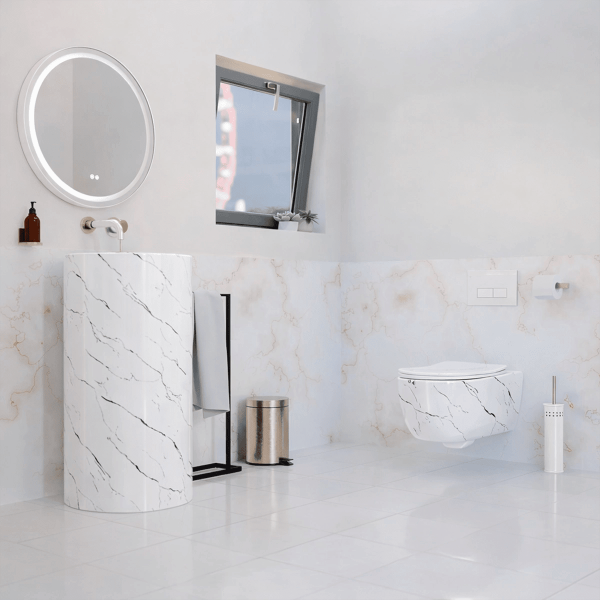 Pack Inodoro Blanco Marmolado + Lavabo Blanco Marmolado Líjar - The Bath