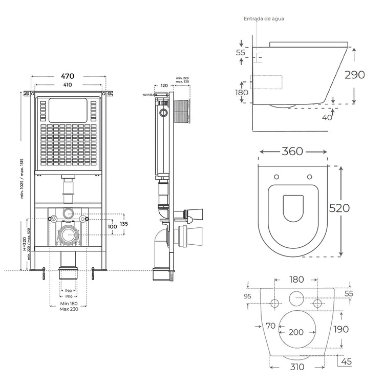 Pack sanita suspensa Venecia cinzento mate + autoclismo de encastrar