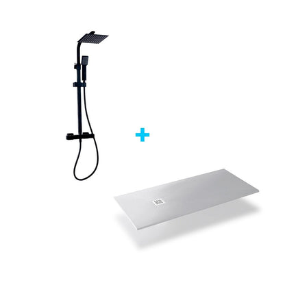 Conjunto coluna de duche preta + base de duche em resina branca