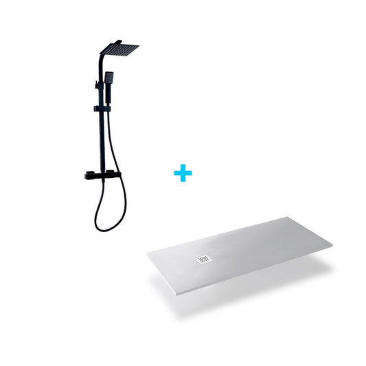 Conjunto coluna de duche preta + base de duche em resina branca