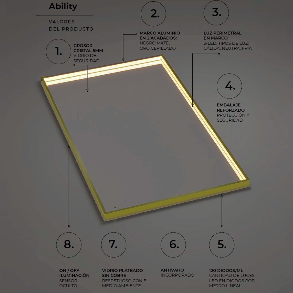 Espelho com luz LED integrada Ability dourado escovado