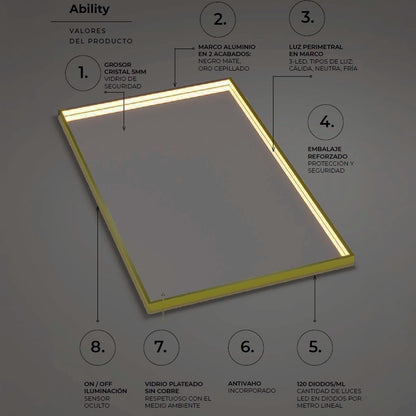 Espelho com luz LED integrada Ability dourado escovado