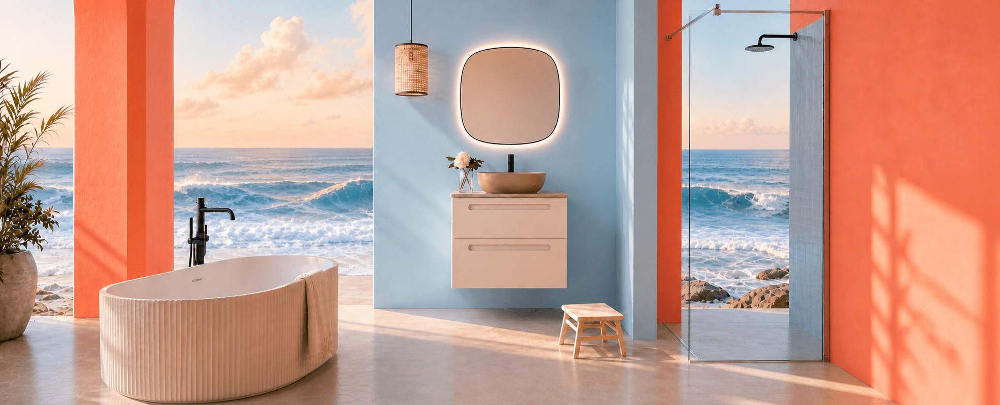 WC The Bath com banheira, móvel de lavatório, resguardo de duche e vistas de mar